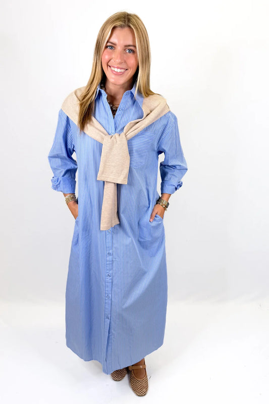 Karlie - BLUE STRIPE POPLIN HAILEY MAXI SHIRT DRESS WITH SWEATER
