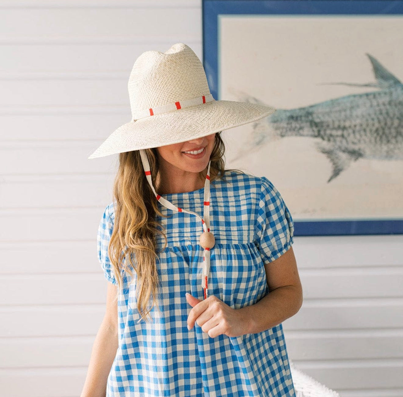 Sunshine Tienda Natural Pool Hat w/ red striped straps