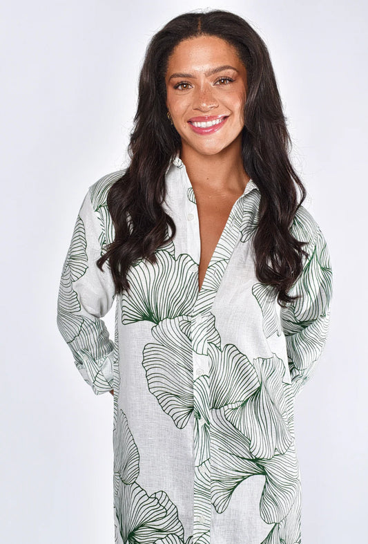 EMILY PHILLIPS - WHITE AND GREEN LEAF GINKGO LINEN GIRLFRIEND MIDI DRESS