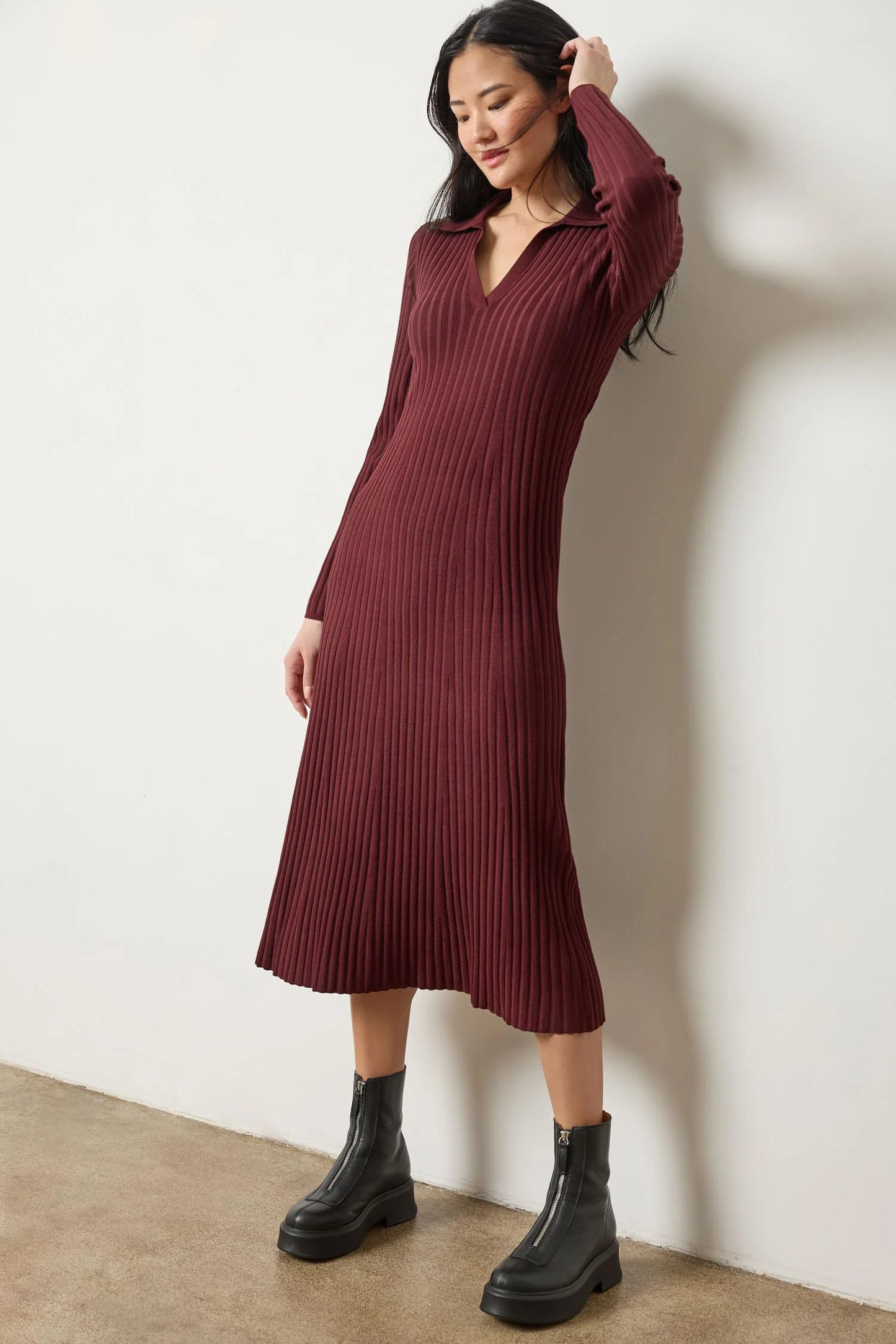 Dark Cherry Rib Henley Dress