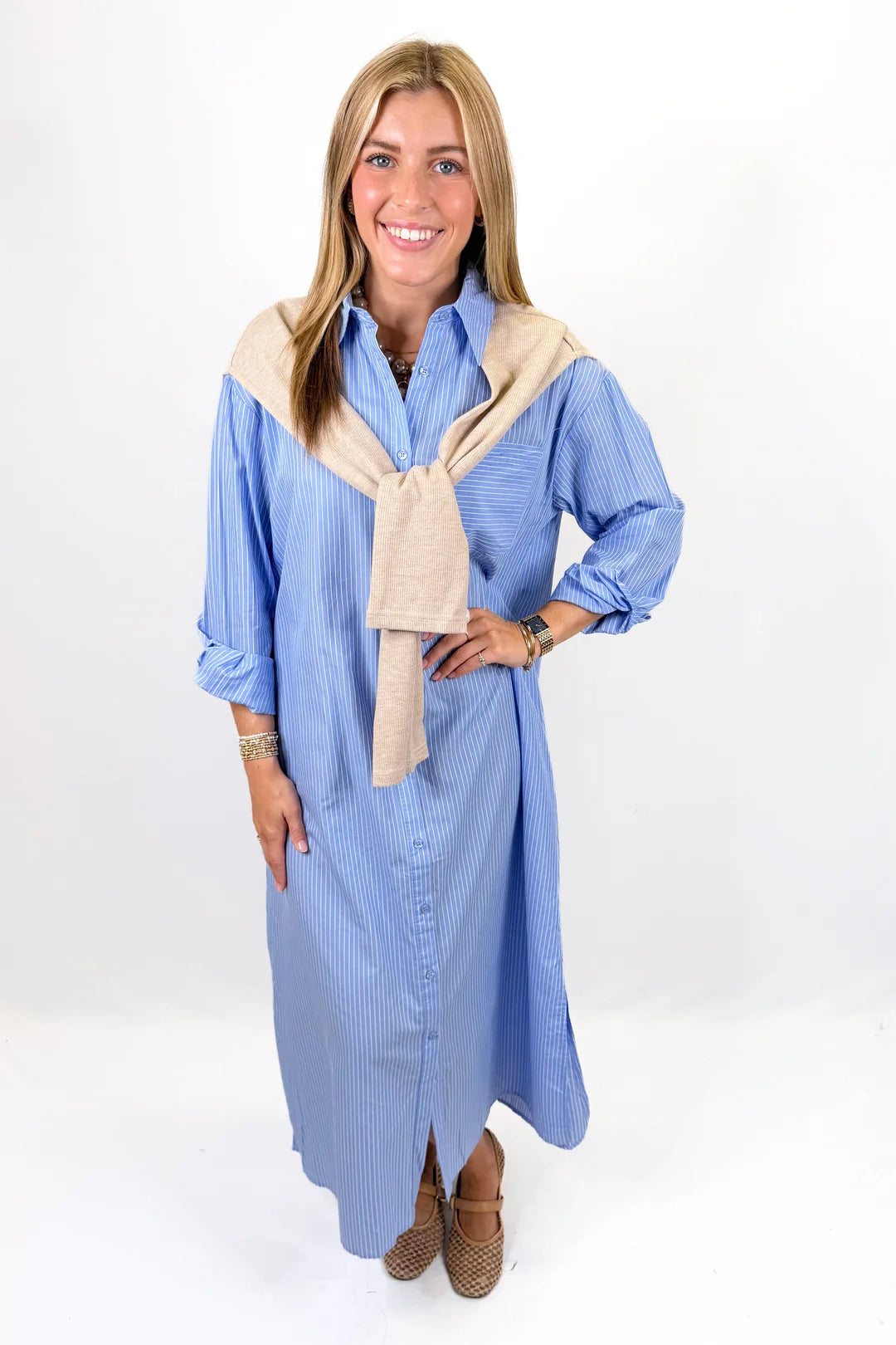 Karlie - BLUE STRIPE POPLIN HAILEY MAXI SHIRT DRESS WITH SWEATER