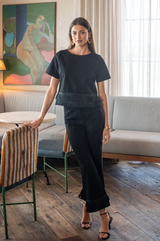 Elizabeth James - Tess Tee in Black with Fringe Trim