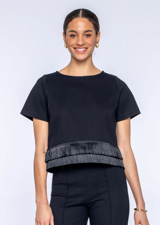 Elizabeth James - Tess Tee in Black with Fringe Trim