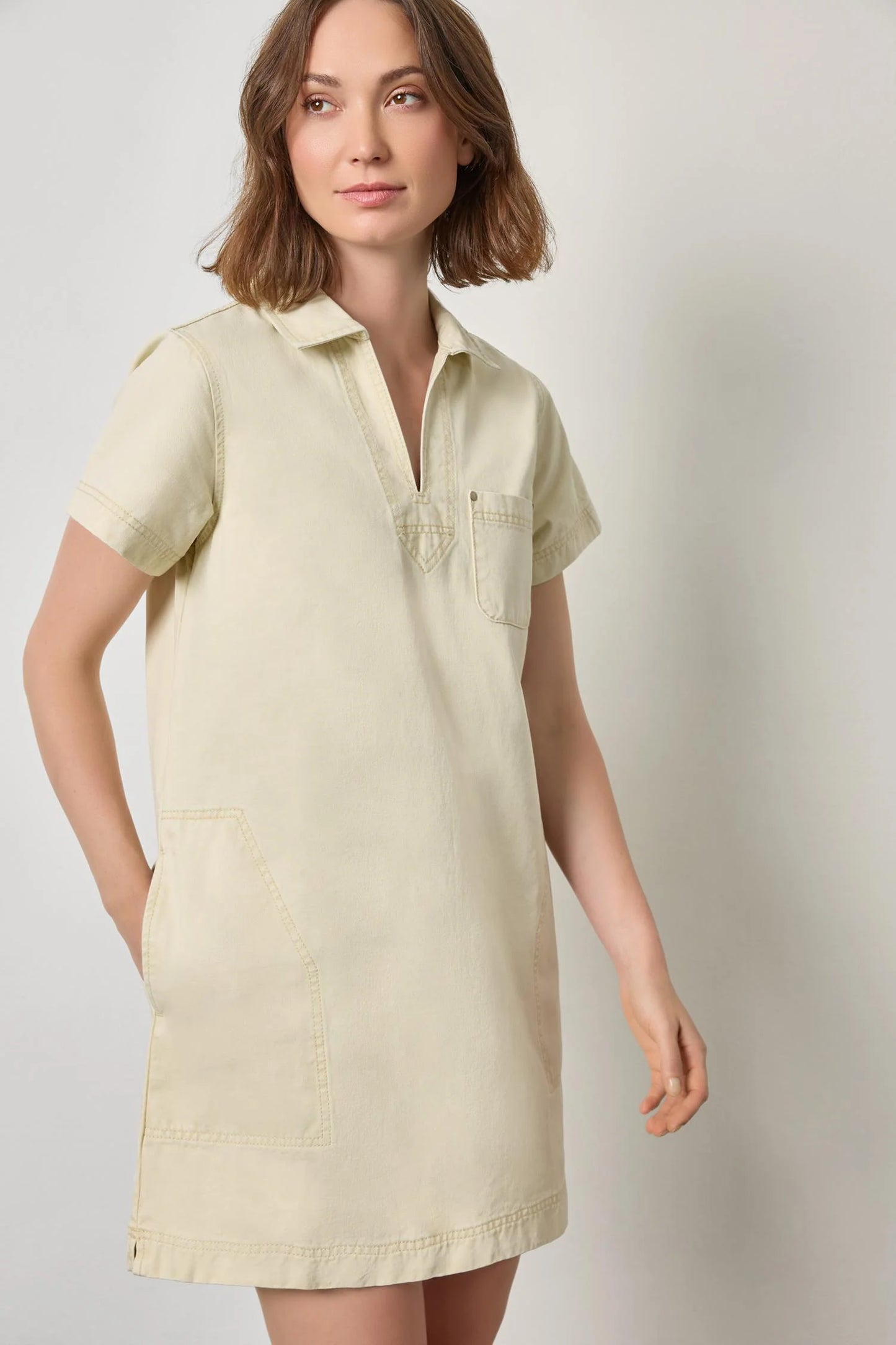 TWILL SPLIT NECK COLLARED DRESS