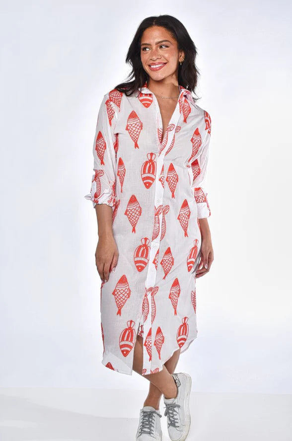 EMILY PHILLIPS - RED AND WHITE FISH COTTON GIRLFRIEND MIDI DRESS