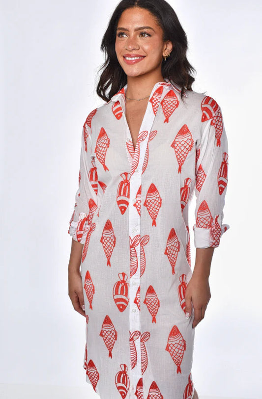 EMILY PHILLIPS - RED AND WHITE FISH COTTON GIRLFRIEND MIDI DRESS