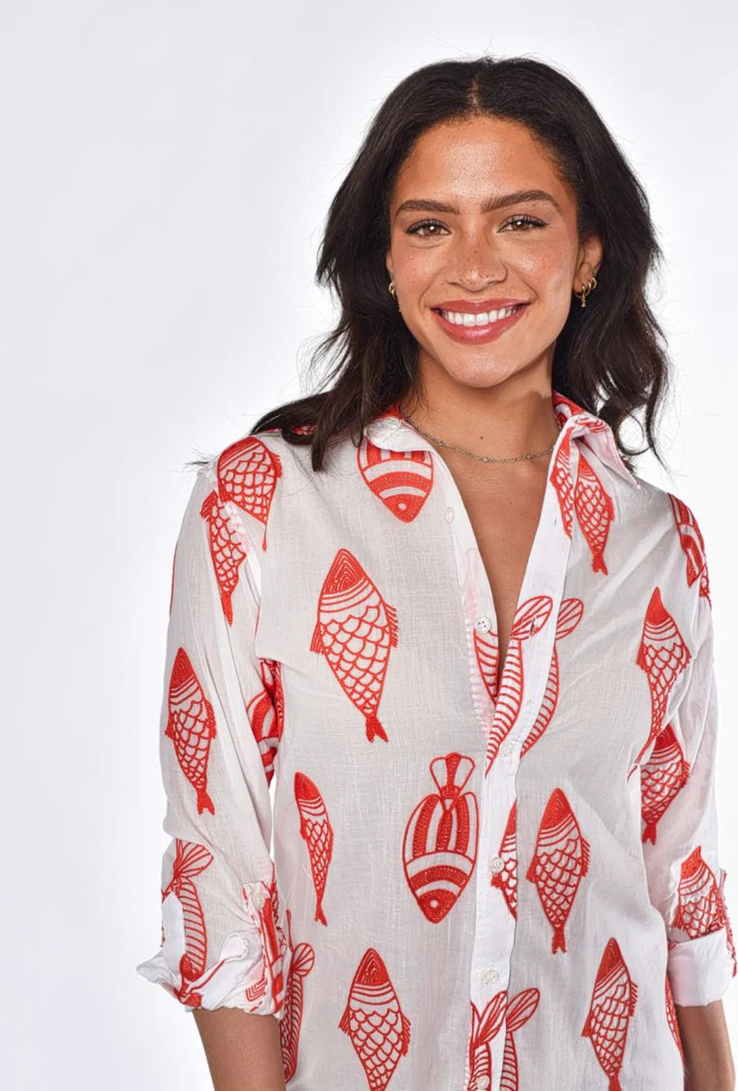 EMILY PHILLIPS - RED AND WHITE FISH COTTON GIRLFRIEND MIDI DRESS