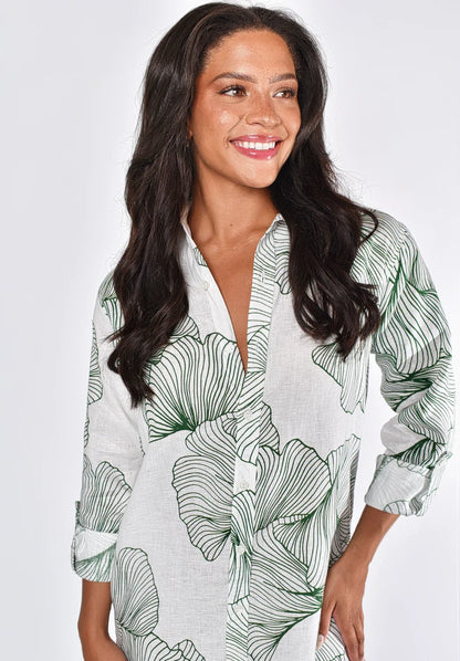 EMILY PHILLIPS - WHITE AND GREEN LEAF GINKGO LINEN GIRLFRIEND MIDI DRESS