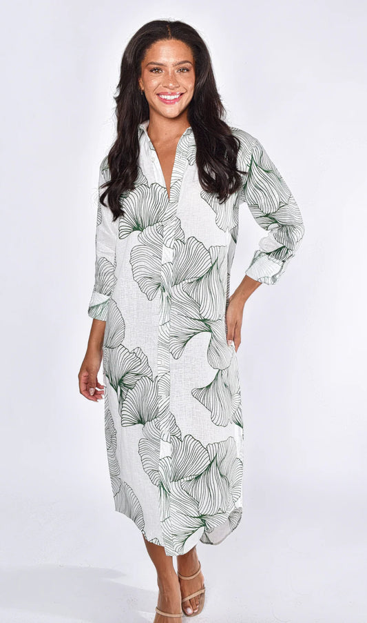 EMILY PHILLIPS - WHITE AND GREEN LEAF GINKGO LINEN GIRLFRIEND MIDI DRESS