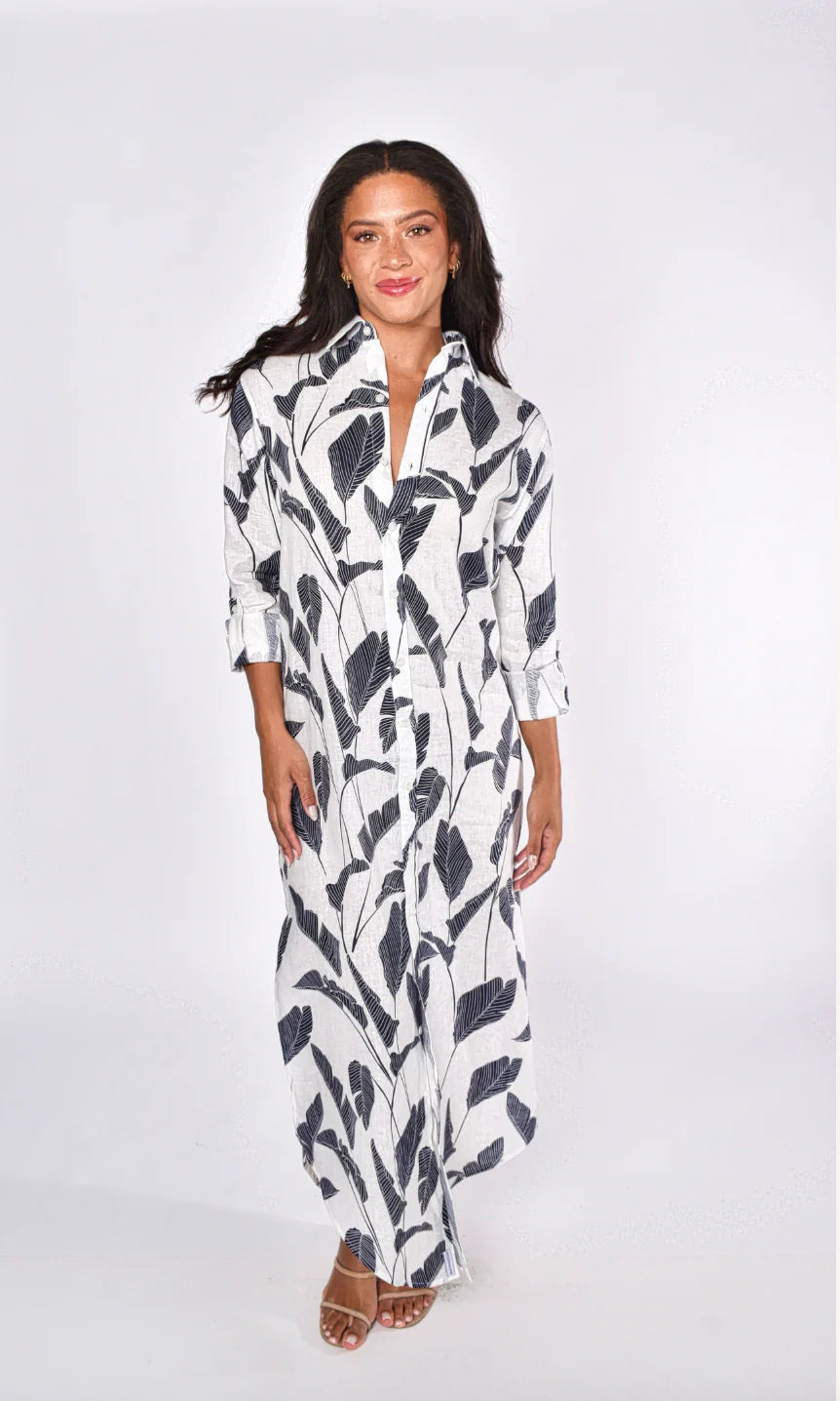 EMILY PHILLIPS - WHITE LINEN NAVY PALMS GIRLFRIEND MAXI DRESS