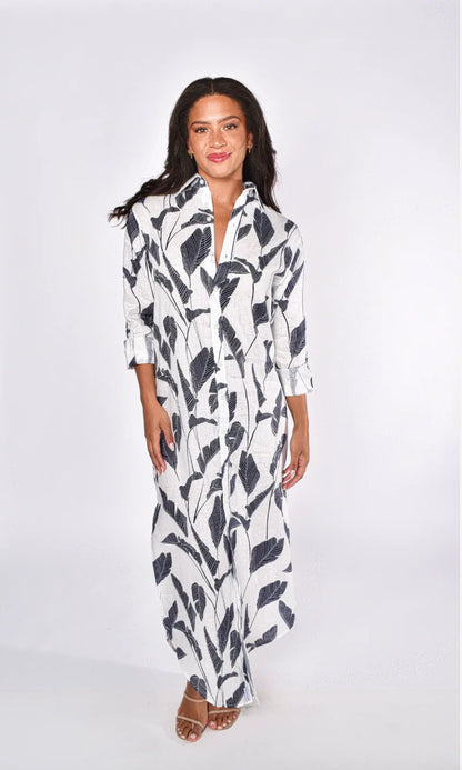 EMILY PHILLIPS - WHITE LINEN NAVY PALMS GIRLFRIEND MAXI DRESS