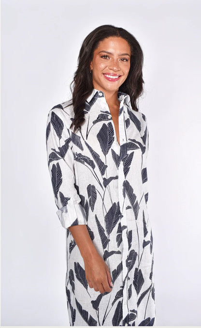 EMILY PHILLIPS - WHITE LINEN NAVY PALMS GIRLFRIEND MAXI DRESS