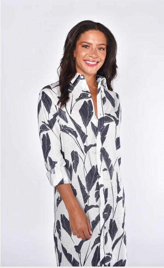 EMILY PHILLIPS - WHITE LINEN NAVY PALMS GIRLFRIEND MAXI DRESS