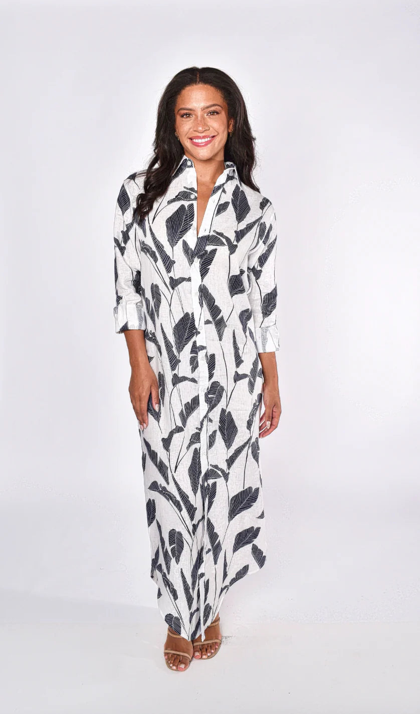 EMILY PHILLIPS - WHITE LINEN NAVY PALMS GIRLFRIEND MAXI DRESS