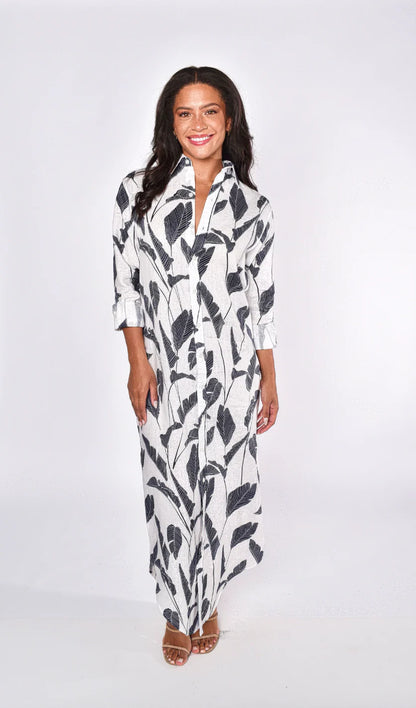 EMILY PHILLIPS - WHITE LINEN NAVY PALMS GIRLFRIEND MAXI DRESS