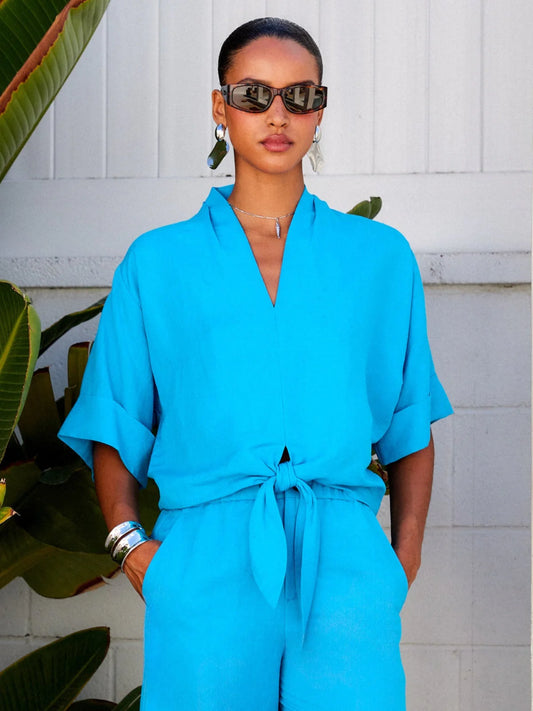 FIFTEEN TWENTY JANICE CUFFED SLEEVE TIE-FRONT TOP