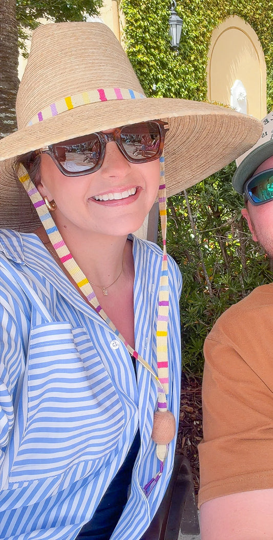 Sunshine Tienda Natural Pool Hat w/ colorful striped straps
