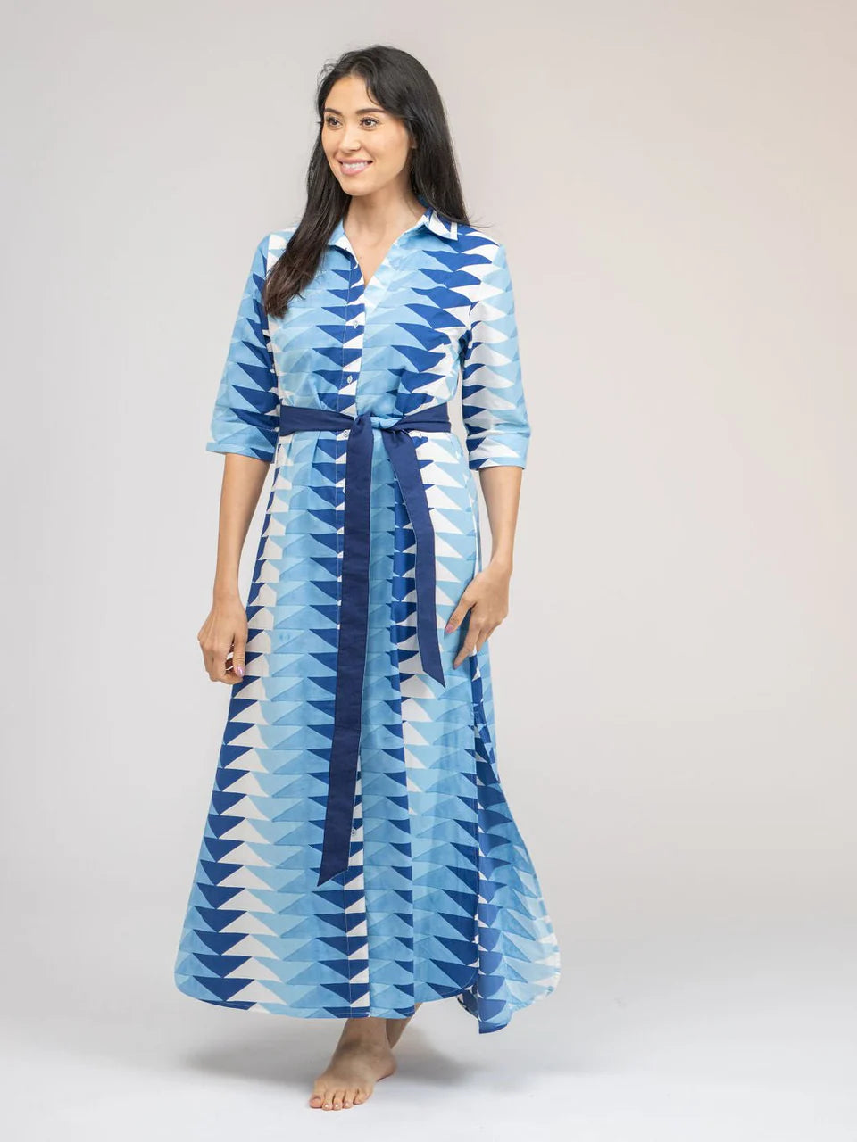 BEAU & RO The Eloise Dress | Ocean Blockprint Bagru Triangle