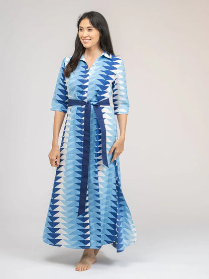 BEAU & RO The Eloise Dress | Ocean Blockprint Bagru Triangle