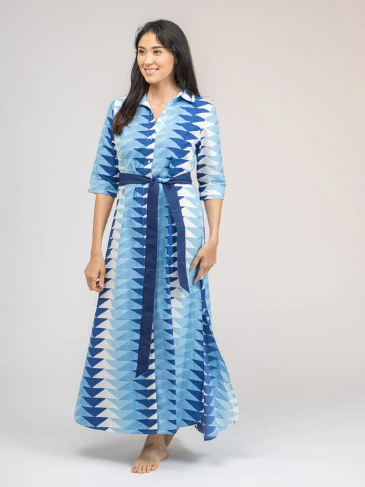 BEAU & RO The Eloise Dress | Ocean Blockprint Bagru Triangle