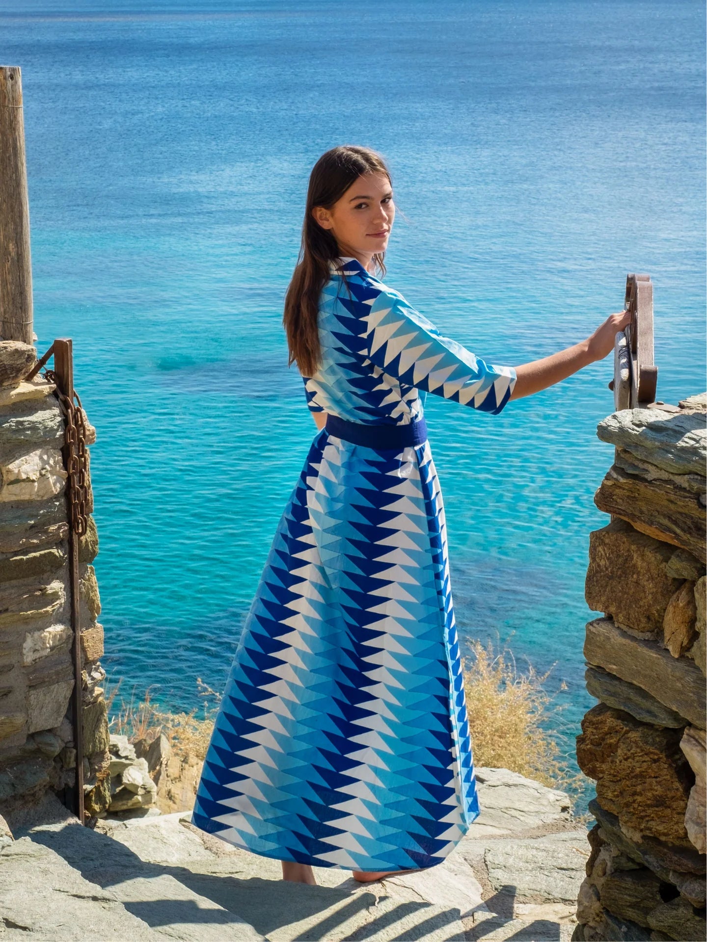 BEAU & RO The Eloise Dress | Ocean Blockprint Bagru Triangle