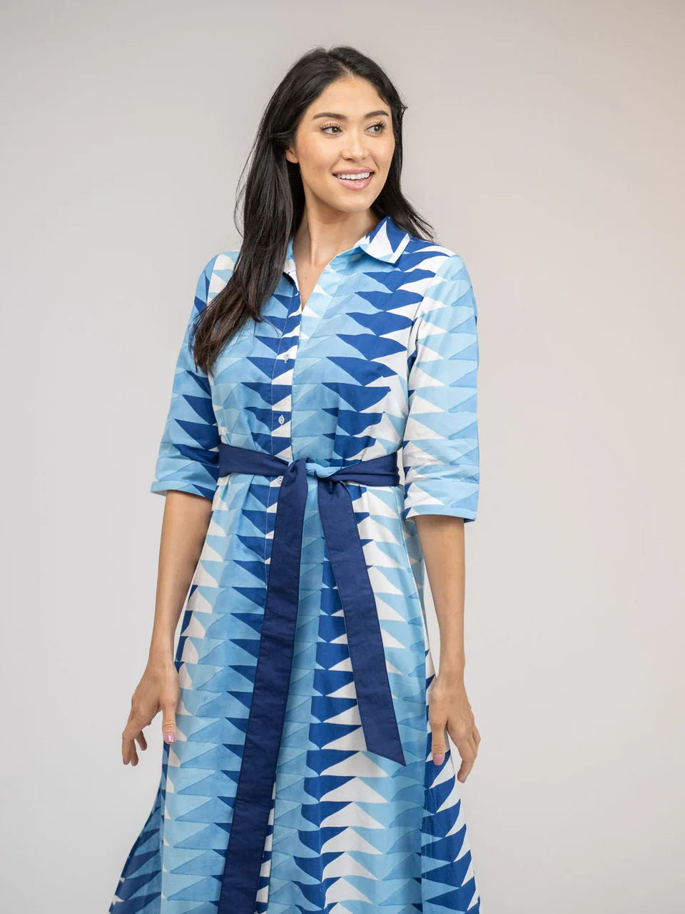 BEAU & RO The Eloise Dress | Ocean Blockprint Bagru Triangle