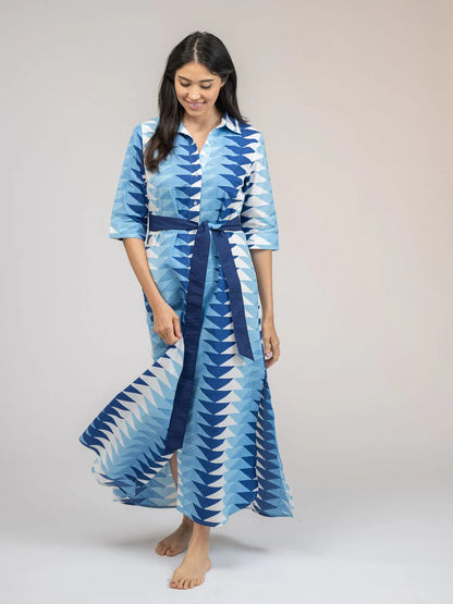BEAU & RO The Eloise Dress | Ocean Blockprint Bagru Triangle