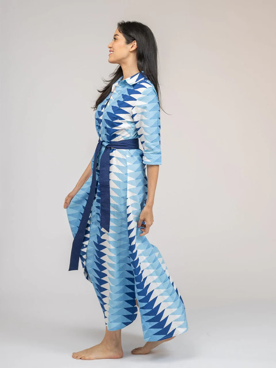 BEAU & RO The Eloise Dress | Ocean Blockprint Bagru Triangle