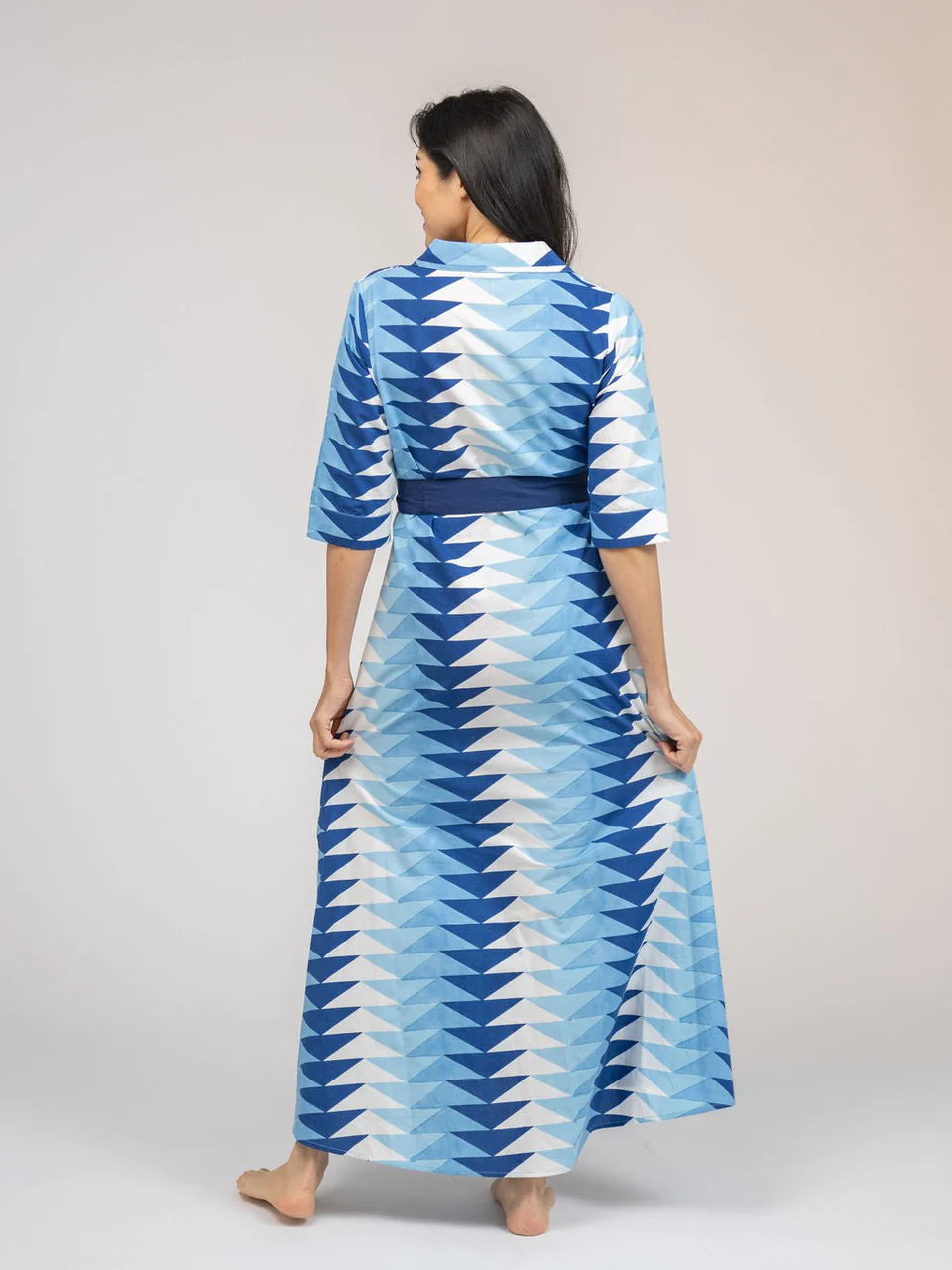 BEAU & RO The Eloise Dress | Ocean Blockprint Bagru Triangle